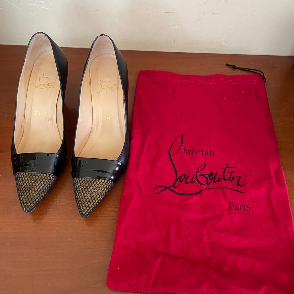 Christian Louboutin Black Heels with Mesh Gold Toebox, Size 37.